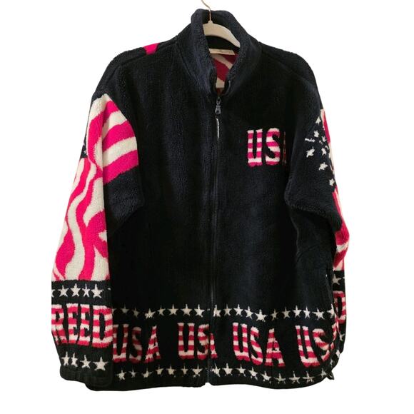 Vtg USA Flag Black Mountain Fleece Jacket L Patriotic Stars Stripes Plush Unisex - Picture 1 of 9
